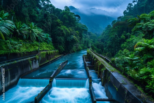 Serene view of a hydroelectric canal smoothly flowing through a dense tropical rainforest  emphasizing sustainable energy amidst natural beauty