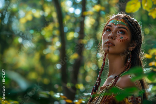 Portrait of an indigenous young woman adorned with traditional face paint, set against the serene backdrop of a lush forest