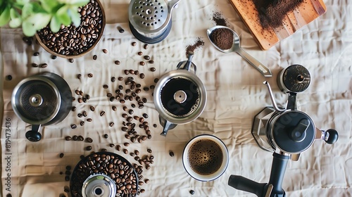 Artistic Coffee Bean Flat Lay with French Press and Grinder on Textured Tablecloth