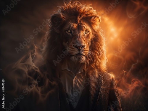 Majestic Lion in Suit with Fiery Background in Dramatic Light