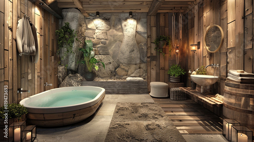 Bathroom with wooden accents and natural stone walls.