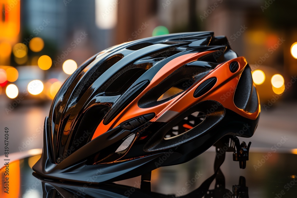 Closeup of a protective bike helmet with reflective visor, against a blurred city traffic backdrop