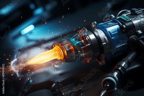 A close up of a plasma cutter in action, cutting through a thick piece of metal. Sparks are flying and the metal is glowing from the heat.