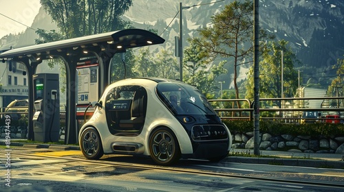 Autonomous electric vehicle, futuristic design, urban landscape, charging station , high resolution photo