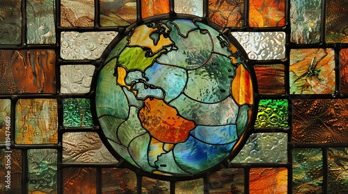 square stained glass panel with circular earth, pale colours with slub glass, minimalism  photo