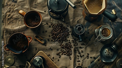 Refined Coffee Bean Flat Lay with French Press and Grinder on Textured Tablecloth