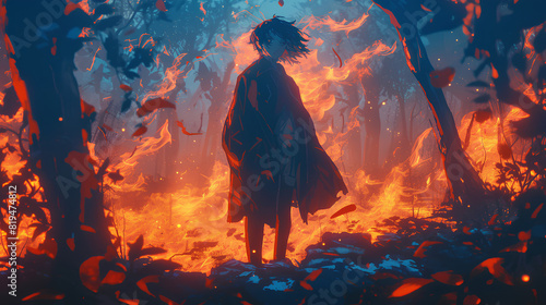 hot fire anime character burning in nature