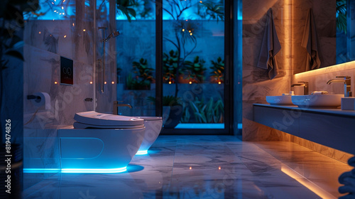 High-tech bathroom with smart toilet and advanced hygiene systems.