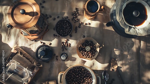 Rich Aroma of Coffee Beans: Creative Flat Lay with French Press and Grinder on Textured Tablecloth