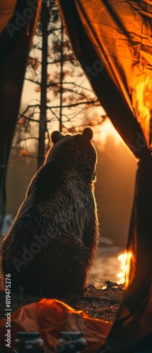Animal Attack Camping in the wild, he hears rustling outside the tent a bears silhouette presses against the canvas, sniffing hungrily at the air photo