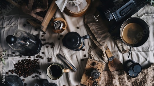 Coffee Lover's Dream: Artistic Flat Lay of Coffee Beans and Accessories on Textured Tablecloth