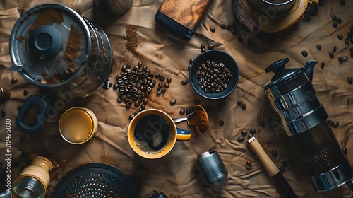 Coffee Lover's Dream: Artistic Flat Lay of Aromatic Beans and Brewing Essentials on Textured Tablecloth
