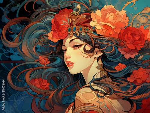 A portrait of a woman with colorful abstract art, in the style of art nouveau organic flowing lines.