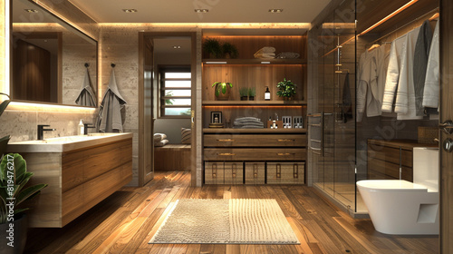 Spacious bathroom with walk-in closet and dressing area.