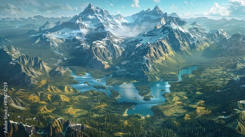 Birdseye of the Canadian Rockies, jagged peaks, forested valleys , DALL-E 2 photo
