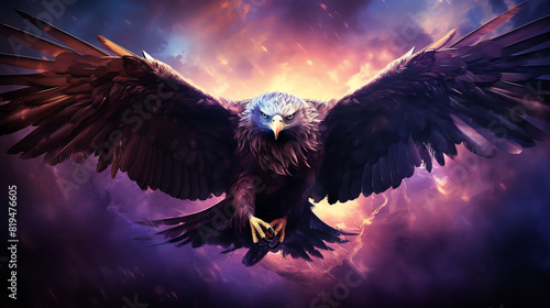 Enhance the details of an epic bald eagle soaring through a vibrant stormy sky filled with purple, blue, and pink clouds. Make the foreground dark and the background bright.