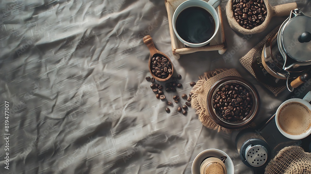 Rustic Coffee Lover's Flat Lay with Beans and Brewing Essentials on Textured Fabric - Cozy Morning Ritual Setting Rustic Coffee Lover's Flat Lay with Beans and Brewing Essentials on Textured Fabric - Cozy Morning Ritual Setting