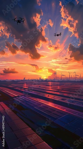 Sunset over a Futuristic Solar Farm with Surveillance Drones Overhead