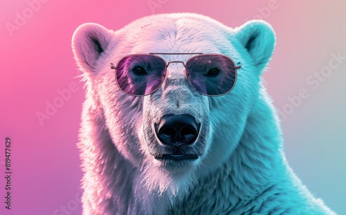 Close-up portrait of a polar bear wearing sunglasses on a colored background photo