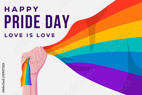 happy pride day background with a hand holding rainbow flag