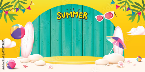 Summer sale poster banner template with product display podium and Blue Plank beach party background
