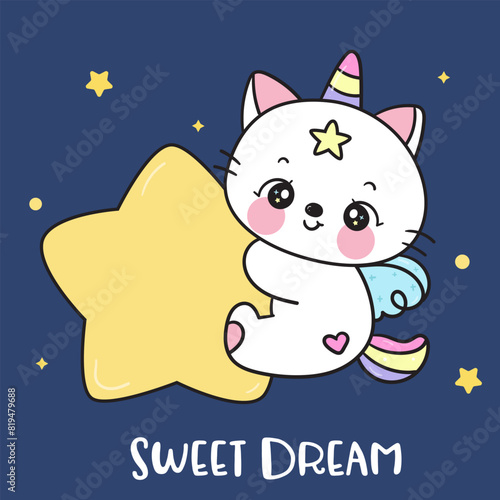 cute cat unicorn lover hug giant star on sky sweet dream fairy tales