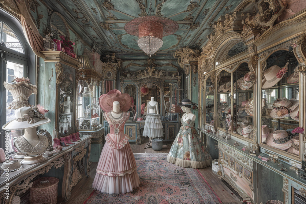 Extravagant boutique with couture millinery, gilded Venetian mirrors.
