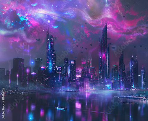 The skyline  a canvas for milleniwave dreams  lit by stylized neon galaxies