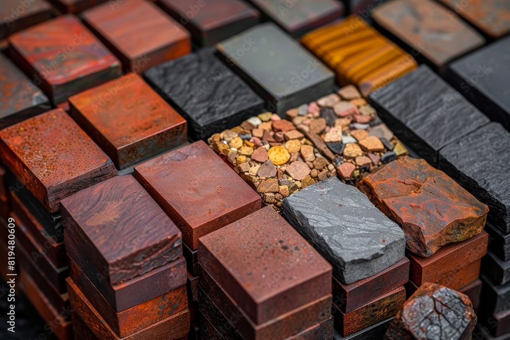Detailed focus on wood, metal, and stone textures in various construction materials up close Detailed focus on wood, metal, and stone textures in various construction materials up close