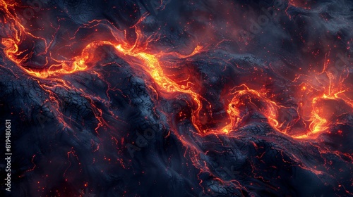 Fiery red and orange magma swirls over a dark rocky surface.
