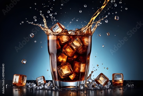 A refreshing soda drink or cola, served with ice cubes, creating a splash and bubbles, perfect for a summer party or celebration. ai generative