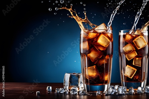 A refreshing soda drink or cola, served with ice cubes, creating a splash and bubbles, perfect for a summer party or celebration. ai generative