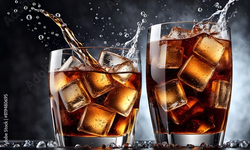 A refreshing soda drink or cola, served with ice cubes, creating a splash and bubbles, perfect for a summer party or celebration. ai generative