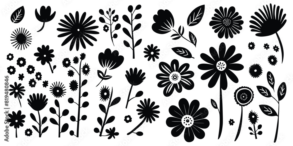 Hand drawn plant elements, flowers and leaves, seamless pattern, vector design