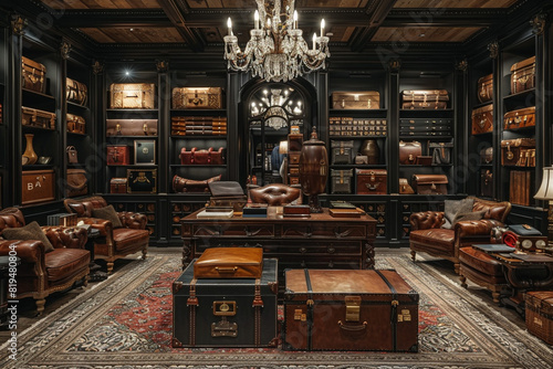 Lavish boutique with bespoke leather goods, antique furnishings.