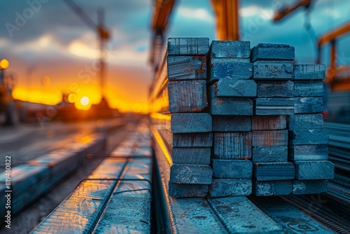 Construction materials stacked on site; steel rods, concrete blocks in dusk lighting create a picturesque scene