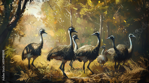 Spectacular Majestic emu birds gather together in their natural wilderness