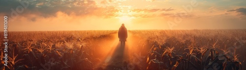 In a corn field at dawn, a farmer strolls amid rows with mist lingering close to the ground photo