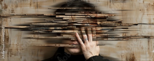 Surreal abstract depiction of a person with fragmented face, blending with wooden texture background. Emotion and identity exploration. photo