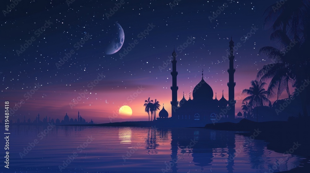 Silhouette of a mosque on the beach and night scene background