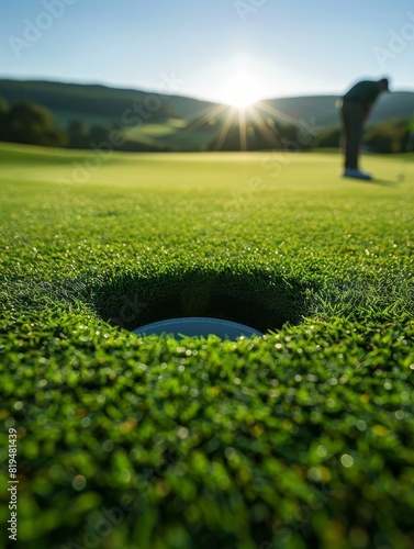 A golfer lines up a putt on a sunlit green, with distant hills in the background, exuding calm focus photo