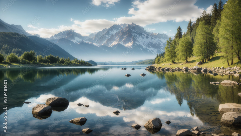 a beautiful landscape image of a mountain lake. 