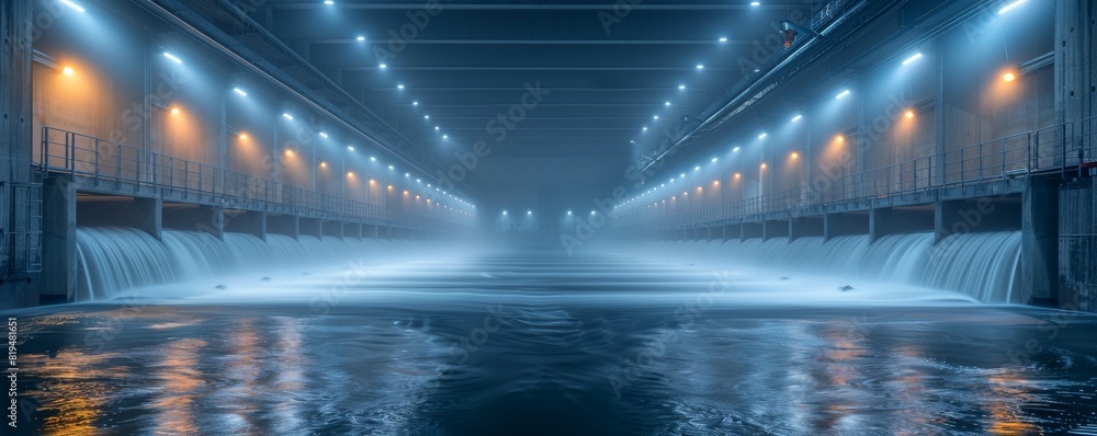 Dam Control Rom Long-distance view shows engineers in control room managing intense dam ...