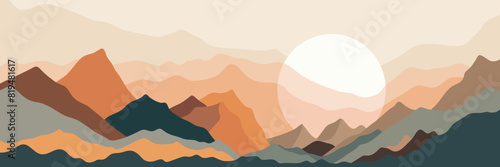 Minimalistic stylized landscape, mountain sunrise and sun, vector illustration, panoramic view