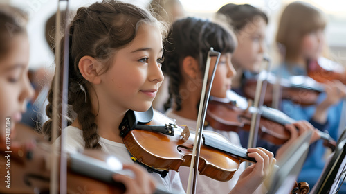 Kids playing music instruments in music school