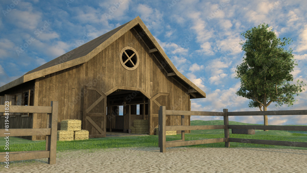Wooden stable building with open door at a ranch or riding school. 3D render. Wooden stable building with open door at a ranch or riding school. 3D render.