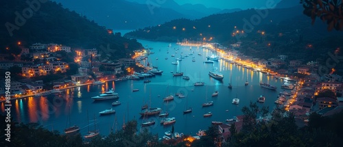 Romantic ambiance fills the night view of Kas town harbor in Turkey with illuminated boats on a calm sea photo
