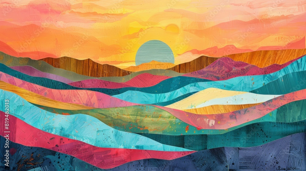 The image is a painting of a mountain landscape The image is a painting of a mountain landscape
