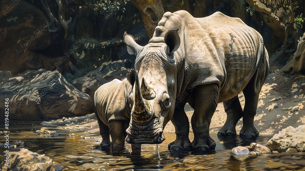 Fototapeta premium Eyecatching View of a rhinoceros in its habitat on safari in Okavanga Delta Botswana