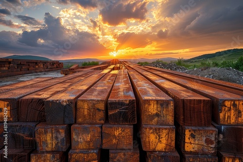 A pile of construction materials at sunset, with silhouettes of steel and concrete against a dramatic sky photo
